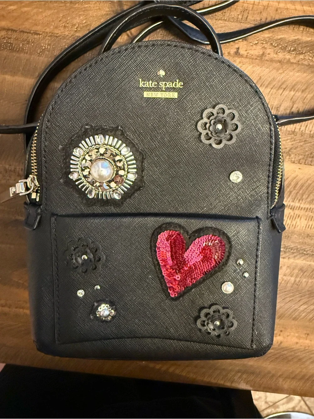 kate spade Black Mini Crossbody with Pink Sequin Heart and Embellishments